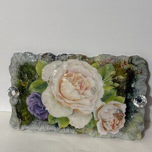 Vintage Floral Resin Tray with Crystal Handles